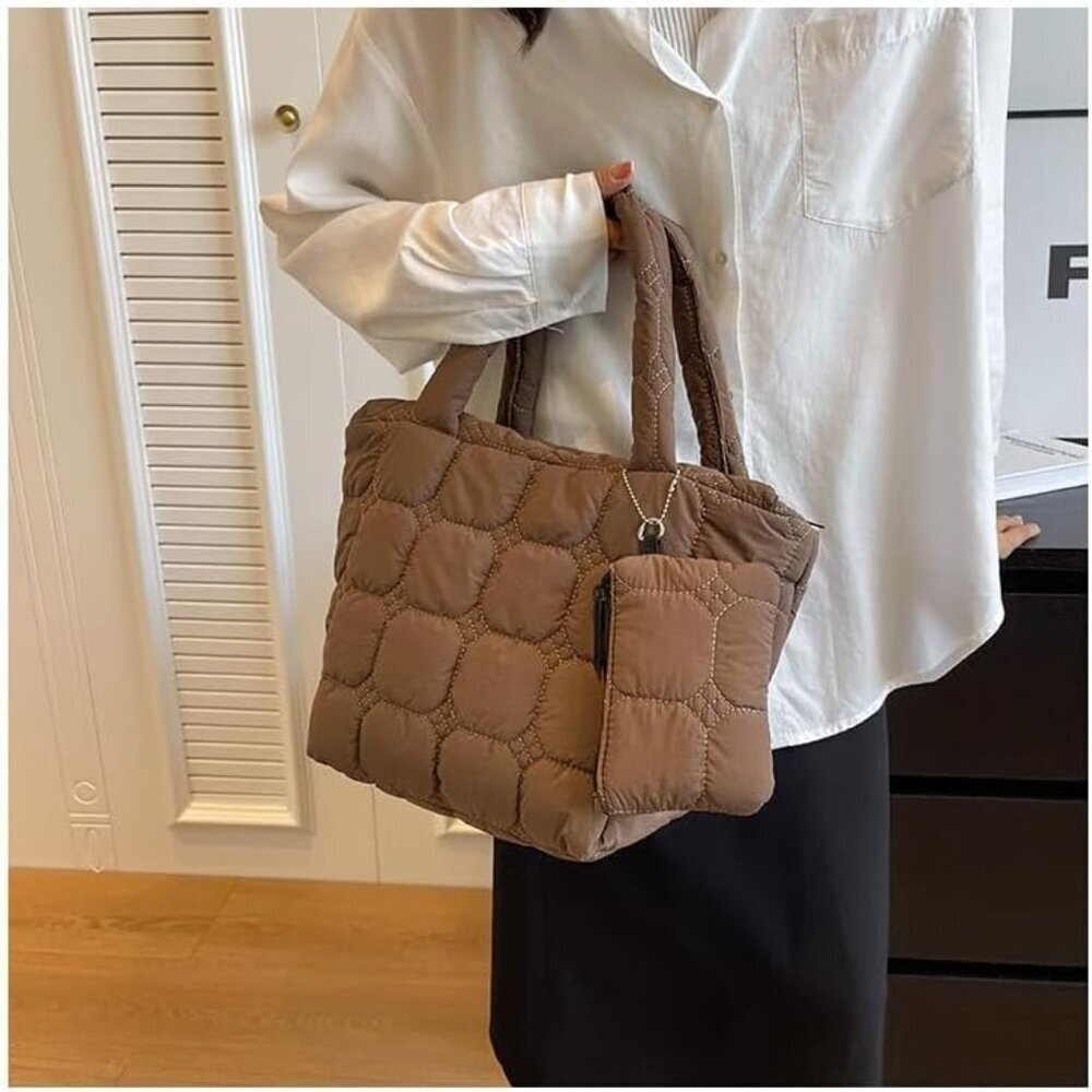 Women’s Quilted Nylon Tote Small Puffer Handbag with Wallet Multi-Use - Picture 2 of 7